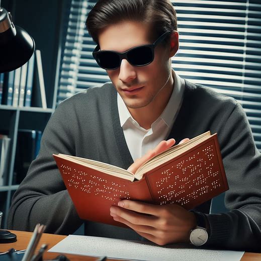 Nella foto c'è un uomo che indossa occhiali neri e legge un libro in braille. 
Indossa un maglione grigio sopra una camicia bianca e una cravatta. 
Si trova in un ufficio con una lampada da scrivania e persiane alle finestre che lasciano filtrare la luce. 
Sul tavolo ci sono alcuni oggetti come penne e fogli di carta.