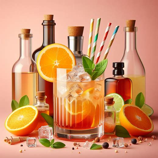 L'immagine mostra una composizione di bevande e ingredienti per cocktail su uno sfondo rosa. Al centro c'è un bicchiere trasparente con cubetti di ghiaccio e una bevanda marrone chiara, decorato con una fetta d'arancia e una foglia di menta. Nel bicchiere ci sono anche delle cannucce colorate. Dietro il bicchiere ci sono diverse bottiglie di varie forme e dimensioni con tappi di sughero, contenenti liquidi di colori dal giallo al marrone. Intorno al bicchiere ci sono sparsi ingredienti come fette d'arancia, lime, chicchi di caffè, chiodi di garofano e cubetti di ghiaccio.