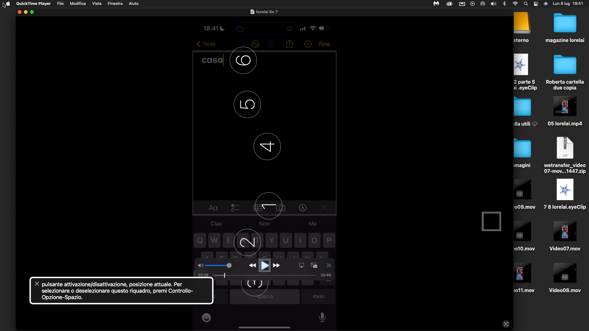 nell’immagine uno screenshot del Mac mentre registra la riproduzione dello schermo di un iPhone dove Roberta sta mostrando l’input braille