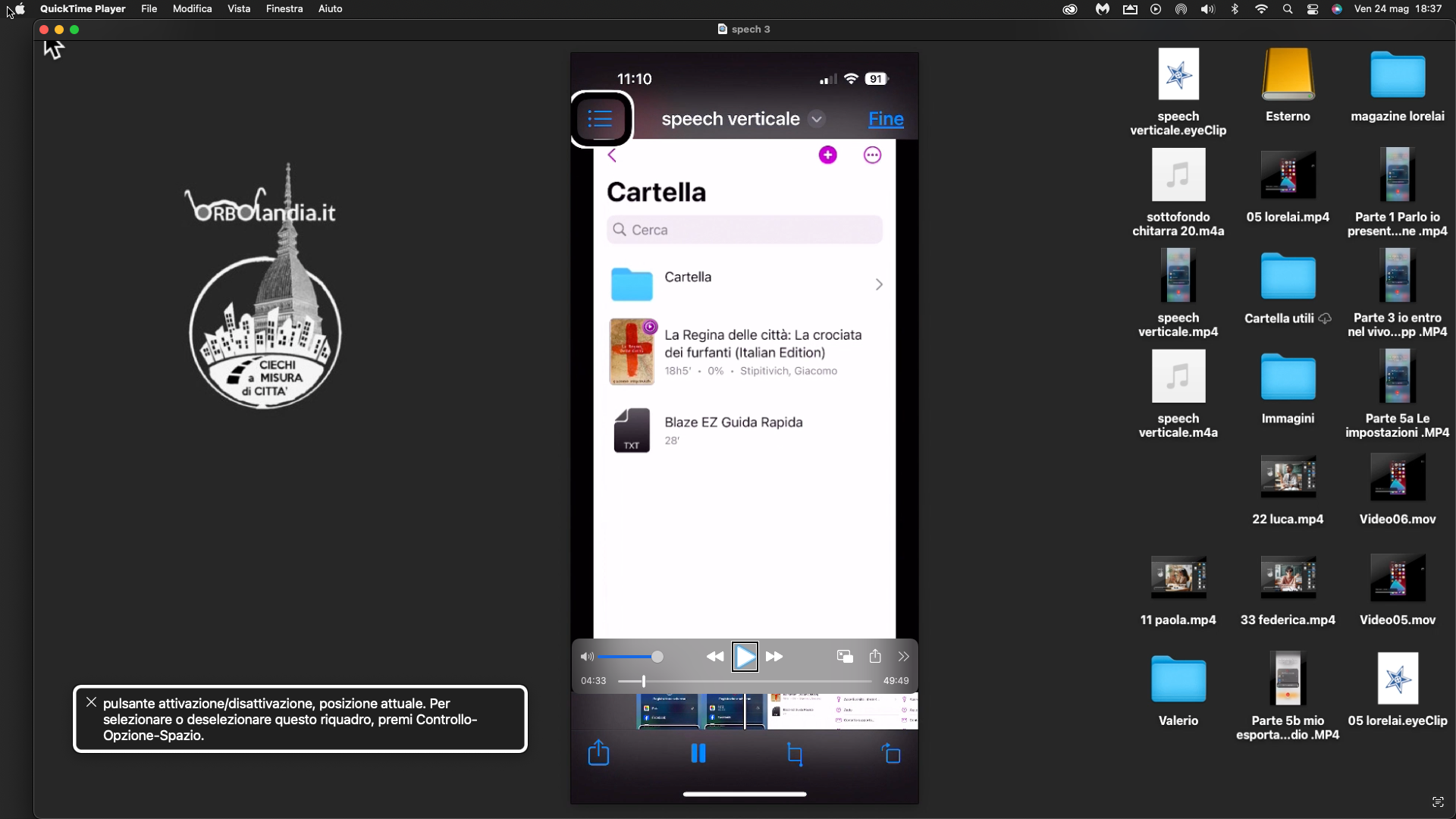 nell’immagine uno screenshot del Mac mentre riproduce lo schermo dell’iPhone che sta esaminando l’applicazione Speech Central