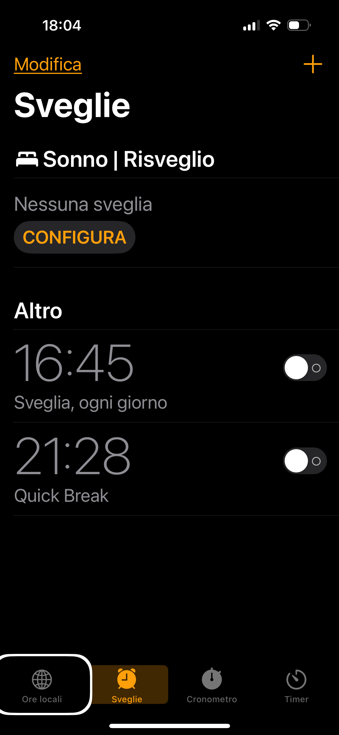 nell’immagine uno screenshot dell’iPhone aperto nell’applicazione Orologio