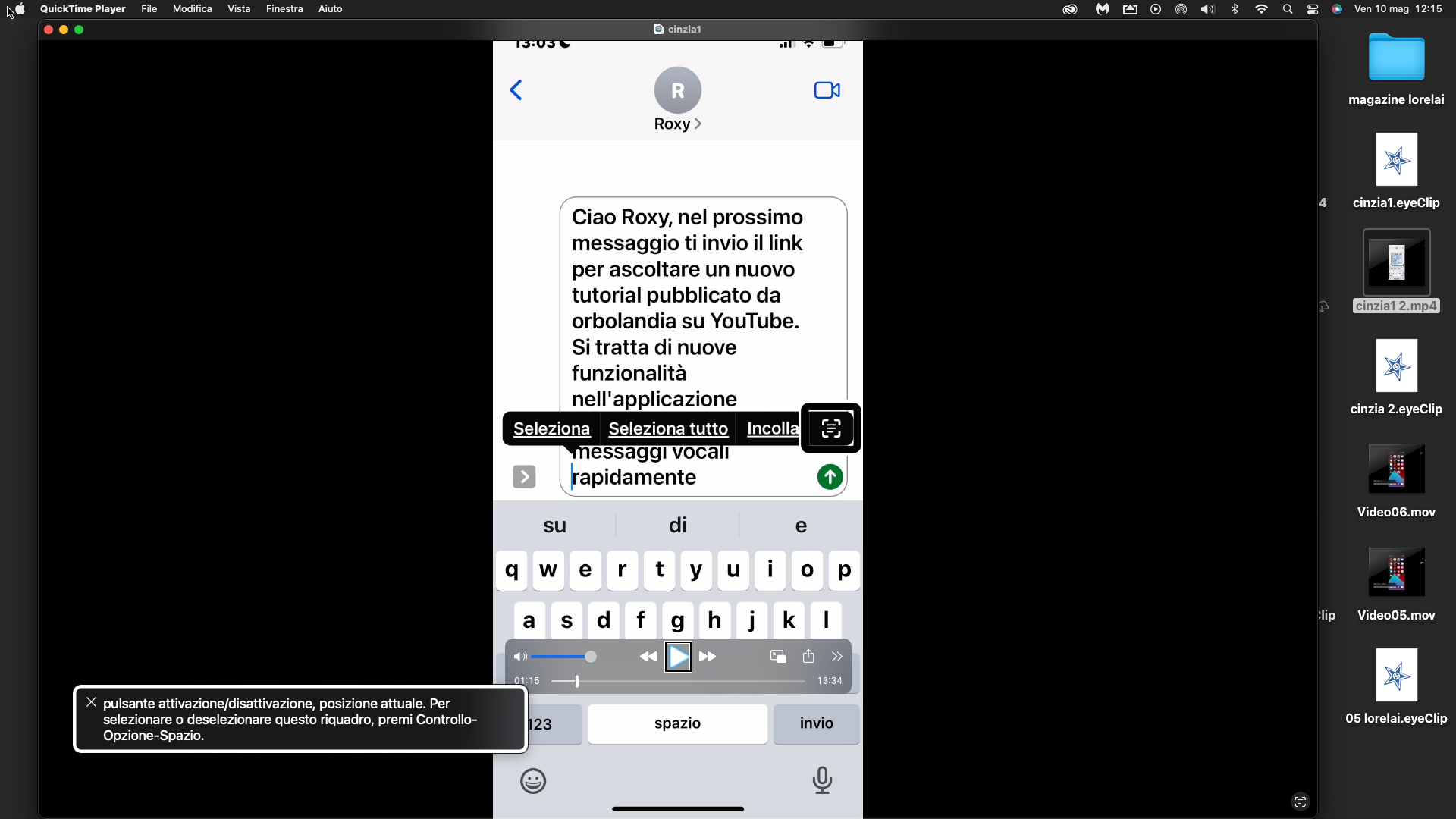 nell’immagine uno screenshot del Mac con sullo schermo un iPhone mentre Cinzia elabora il testo 