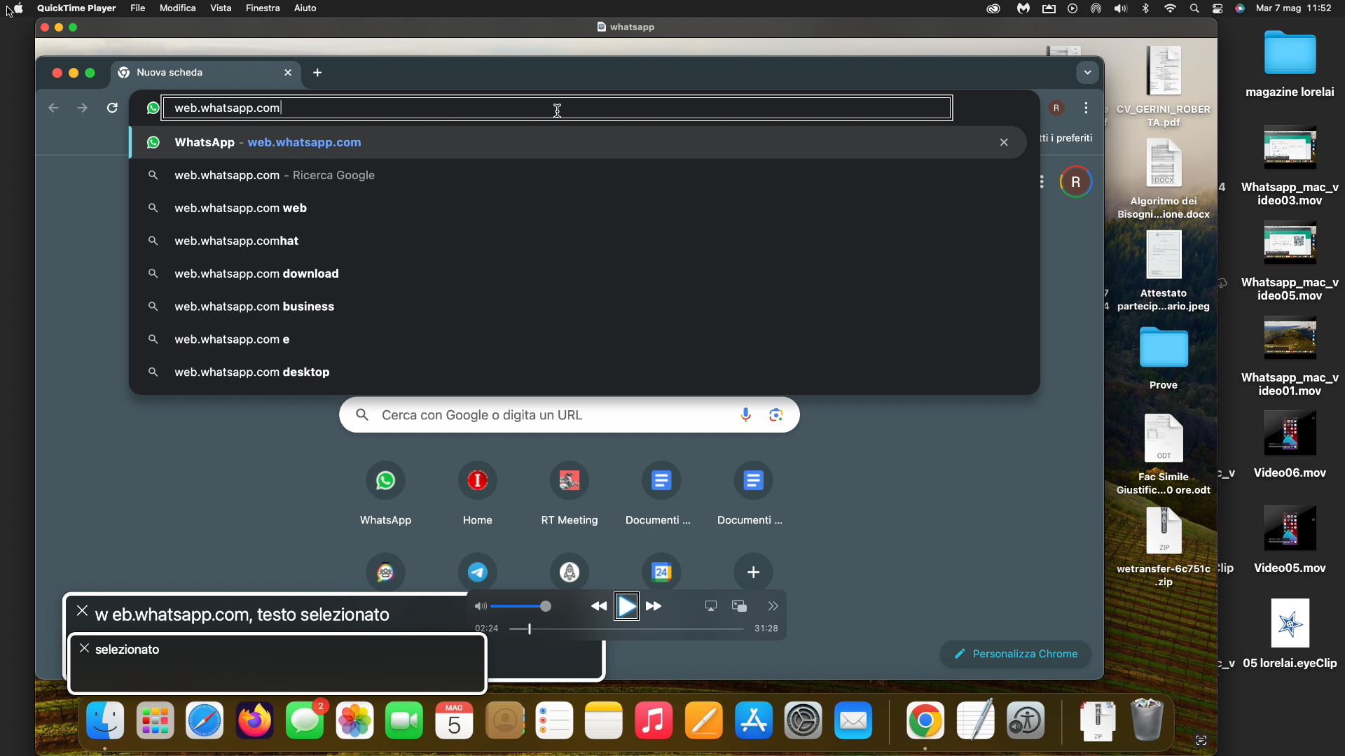 nell’immagine uno screenshot del Mac aperto sul browser Chrome mentre naviga WhatsApp web