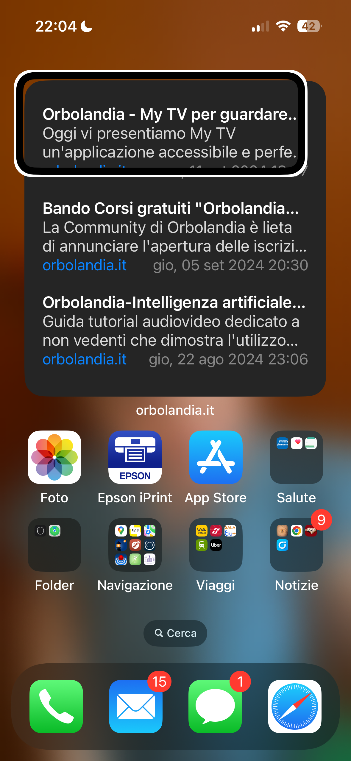 nell’immagine uno screenshot dell’iPhone aperto in una pagina dove in alto a sinistra c’è un widget