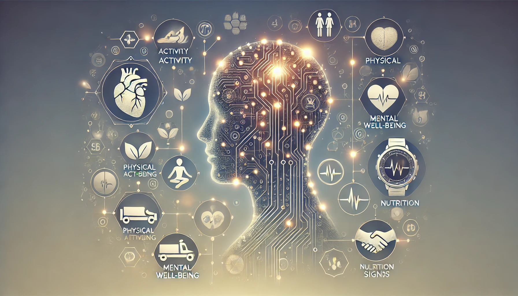 L'immagine mostra una rappresentazione stilizzata di un profilo umano, con un design che ricorda un circuito elettronico, illuminato da punti di luce che simboleggiano connessioni neurali o tecnologiche. Intorno al profilo ci sono vari simboli e icone che rappresentano diversi aspetti del benessere fisico e mentale, ci sono simboli di un cuore con un elettrocardiogramma, una stretta di mano e un orologio, L'immagine rappresenta l'interconnessione tra tecnologia e salute, evidenziando aspetti del benessere nella vita umana