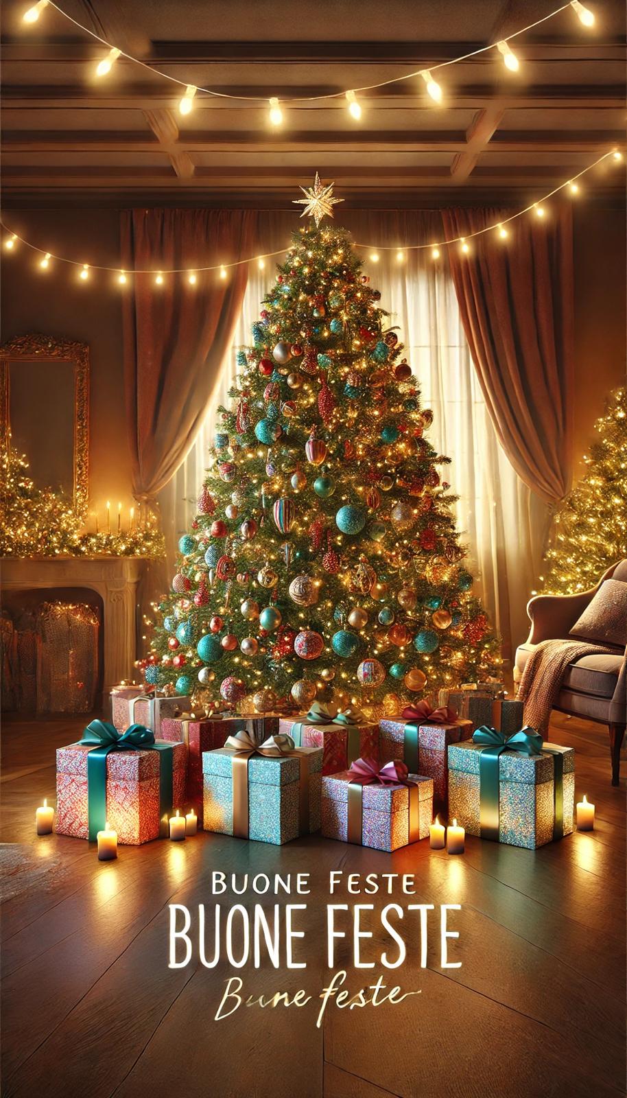 L'immagine mostra un albero di Natale splendidamente decorato con luci scintillanti e ornamenti colorati, tra cui palline di vari colori e dimensioni. In cima all'albero c'è una grande stella dorata. L'albero è circondato da numerosi regali avvolti in carta colorata e decorati con fiocchi. sul pavimento, è presente la scritta BUONE FESTE ripetuta tre volte in caratteri diversi.