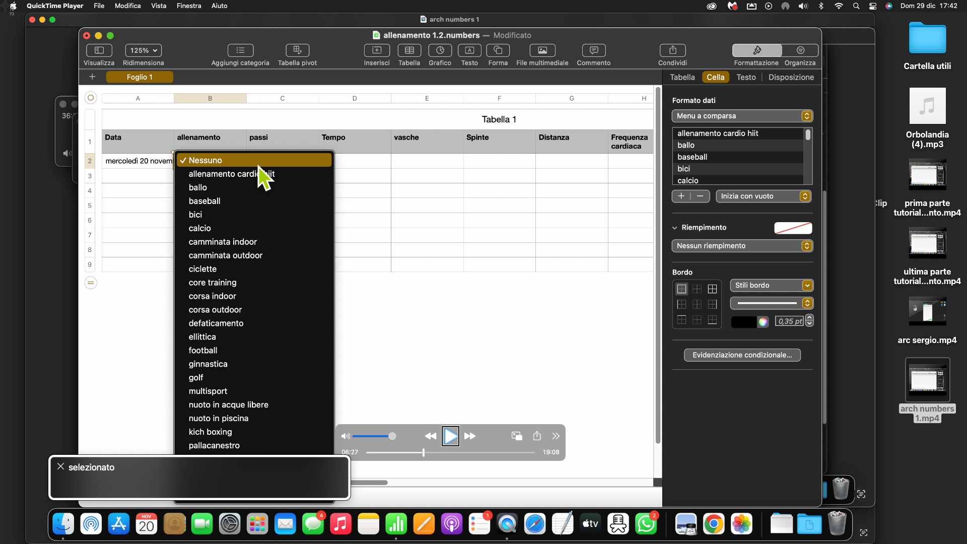 L'immagine mostra una schermata di un computer con un foglio di calcolo aperto in un programma simile a Excel, probabilmente Numbers su un Mac