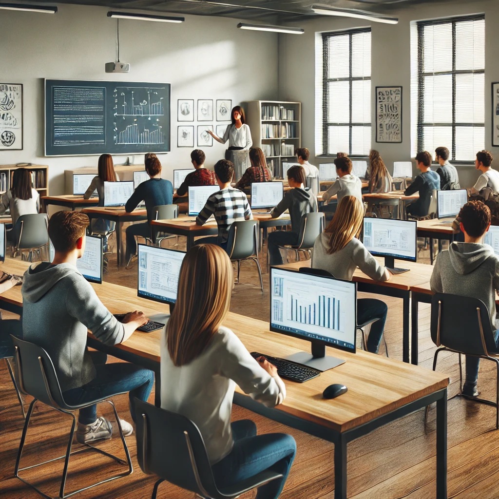 L'immagine mostra una classe moderna con studenti seduti su banchi di legno, ognuno con un computer davanti. Gli studenti sono rivolti verso una lavagna dove un'insegnante sta spiegando qualcosa. La stanza è ben illuminata con luce naturale con scaffali di libri sullo sfondo.