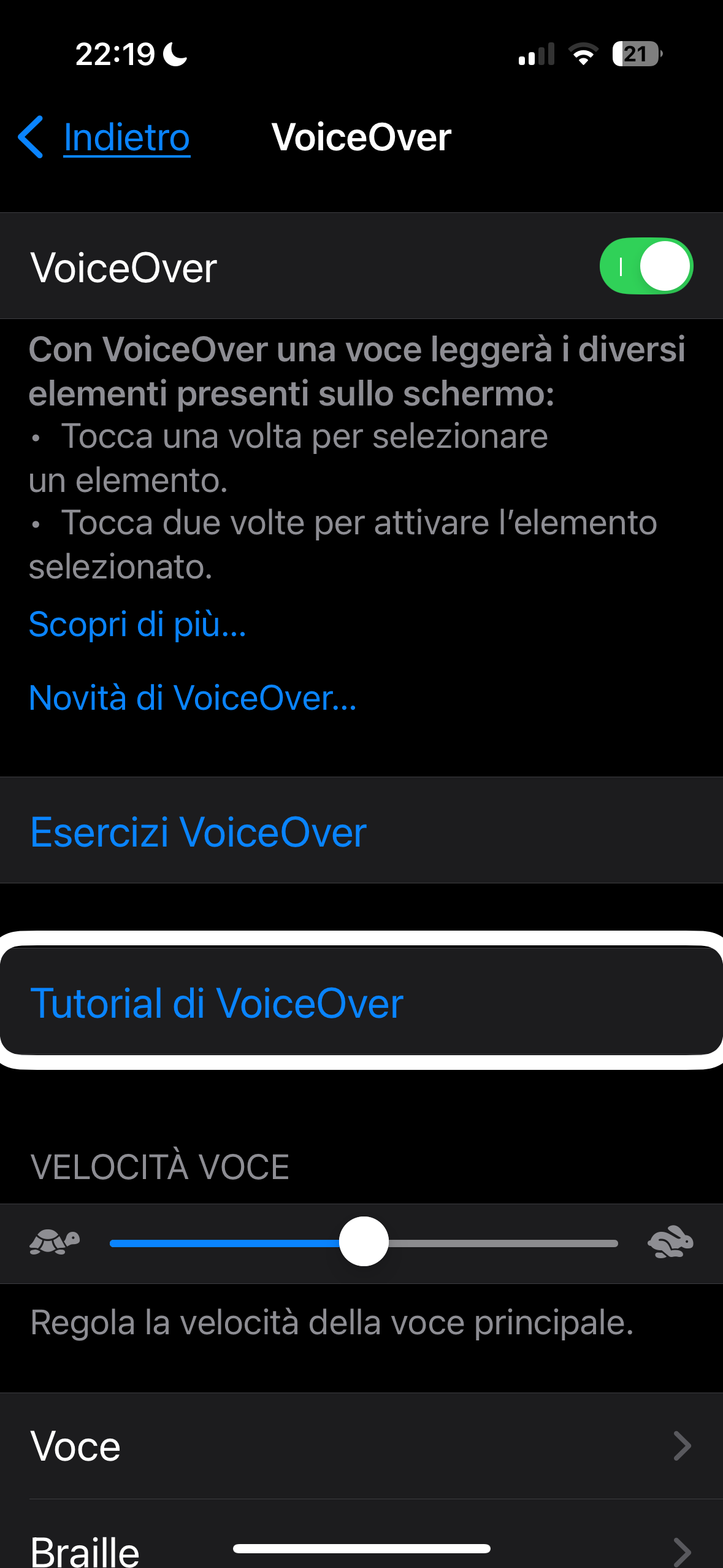 nell’immagine uno screenshot dell’iPhone aperto nelle impostazioni del VoiceOver