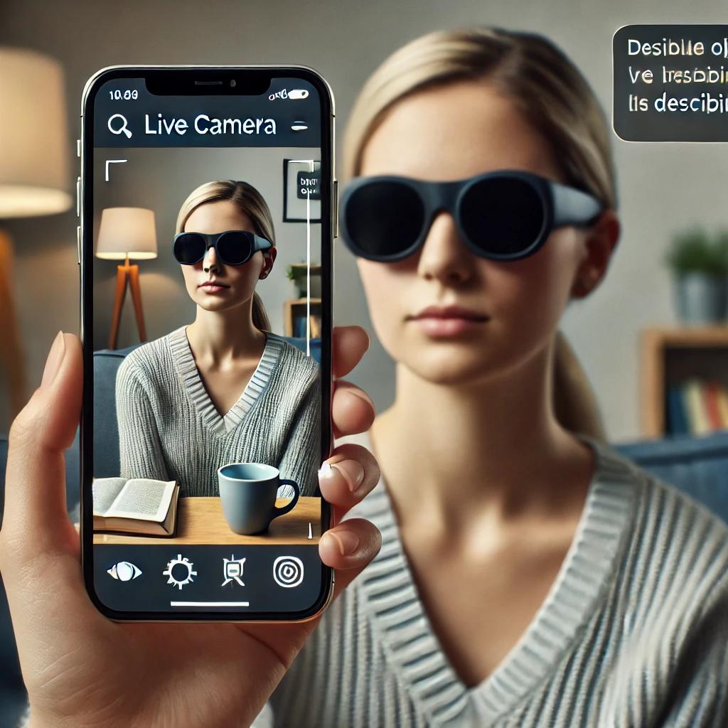 Nell’immagine: 
Una donna non vedente utilizza un iPhone con la funzione di fotocamera live attivata. Indossa occhiali scuri. Tiene il telefono davanti a sé, mentre l’intelligenza artificiale descrive in tempo reale ciò che vede attraverso la fotocamera del suo dispositivo.