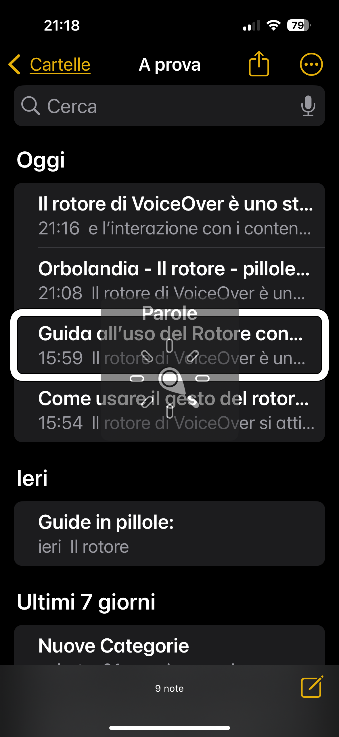 nell’immagine uno screenshot dell’iPhone mentre utilizza il rotore sul testo di una nota