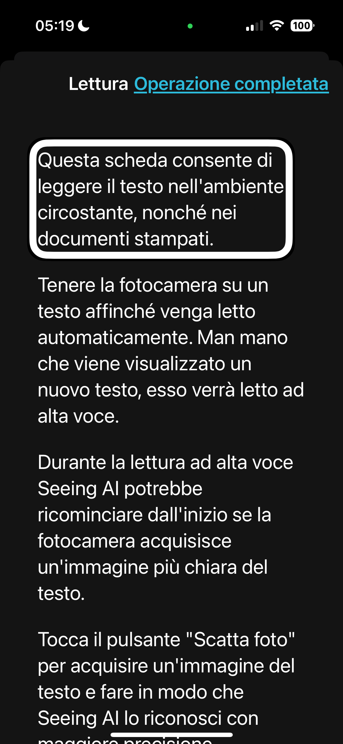 nell’immagine uno screenshot di un iPhone aperto nell’applicazione Seeing AI, è più precisamente sulla guida rapida con le spiegazioni d’uso