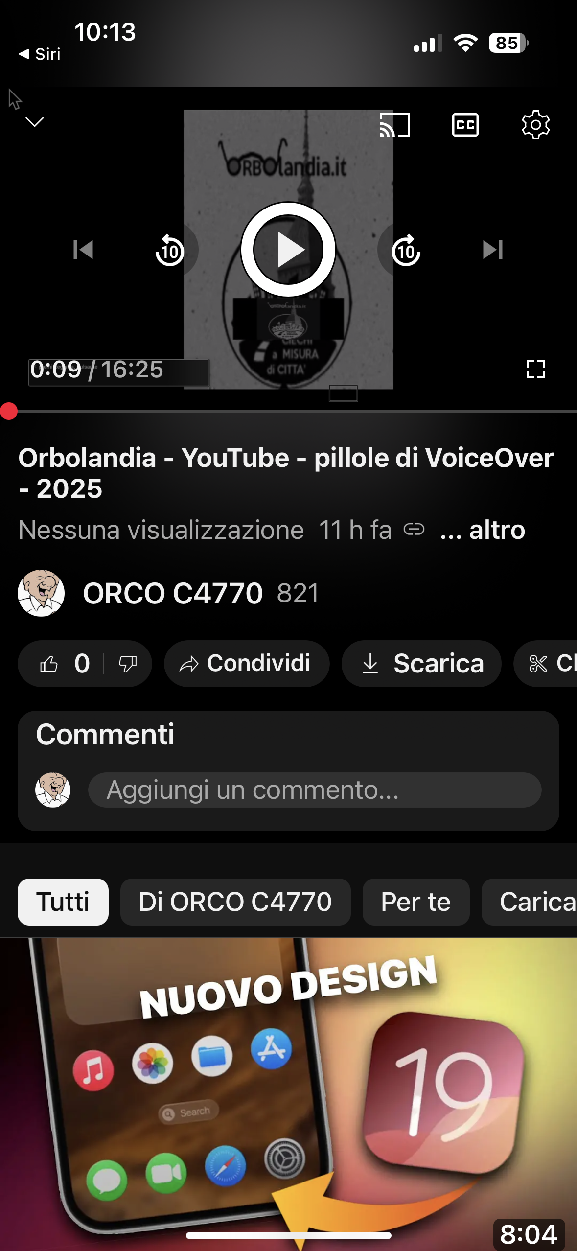 nell’immagine uno screenshot dell’iPhone aperto sull’applicazione di YouTube